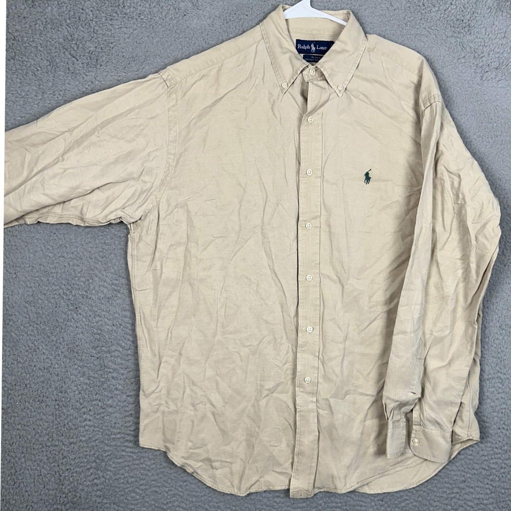 Ralph Lauren Silk Linen Shirt Mens Medium Blake Tan Button Down Long Sleeve EUC